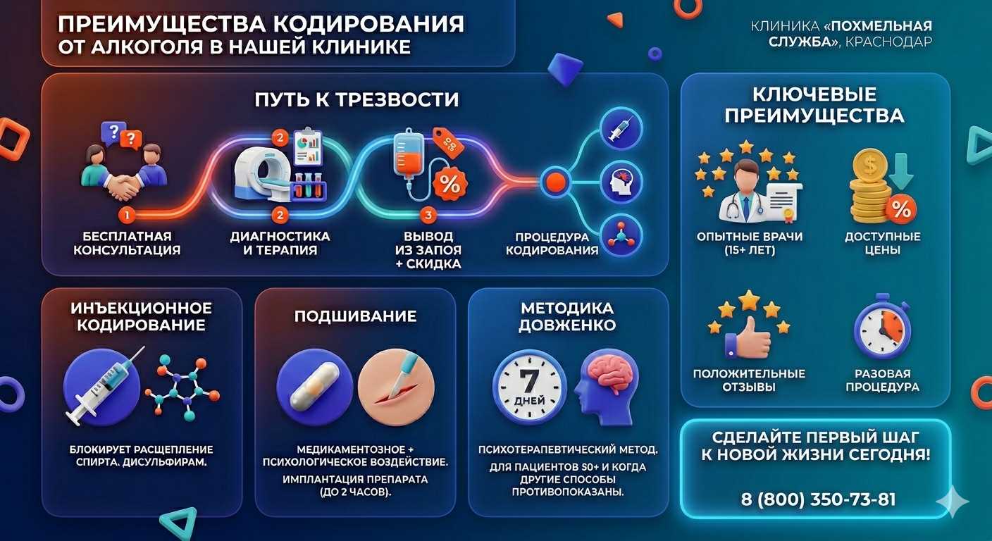 Инфографика о методах кодирования от алкоголя в Суземке: инъекции, подшивание, метод Довженко. Преимущества клиники и этапы лечения.